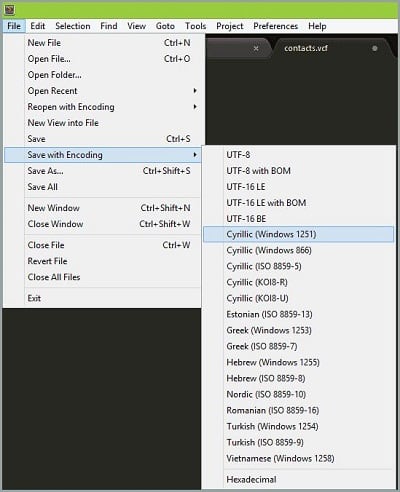 Изменение кодировки контактов